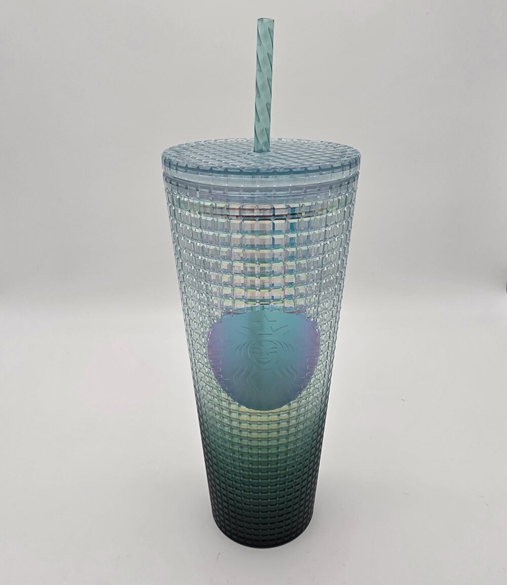 Starbucks 2023 Teal Blue Jade Green Ombre Grid Tumbler 24 oz Straw